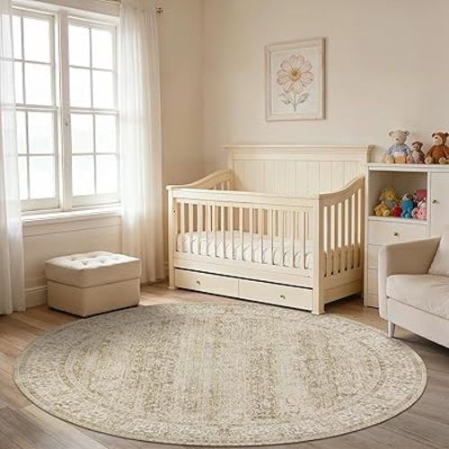 BILEEHOME Kitchen Living Room Bedroom Dining Room 6' Round Vintage Rug Indoor Floor Cover Floral Print Circle Rug 6' Round Cream&Light Tan