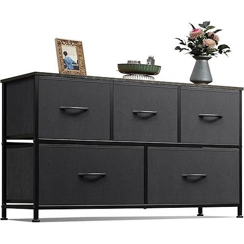 WLIVE Dresser for Bedroom with 5 Drawers, Wide Chest of Drawers, Fabric Dresser, Storage Organizer Unit with Fabric Bins for Closet, Living Room, Hallway, Charcoal Black