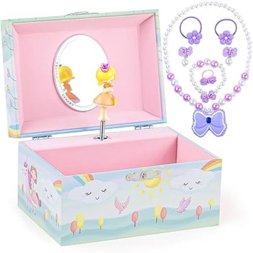 Girl's Musical Jewelry Box Organizer with Jewelry Set, Princess and Unicorn Music Box, Ideal Gifts for Girls and Little Girls Daughter Birthday Anniversary Christmas, Play Over The Rainbow Tune