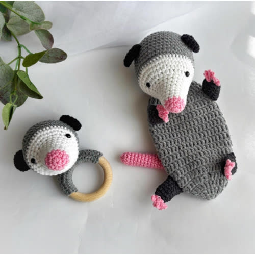 Opossum Baby Lovey and Rattle Set