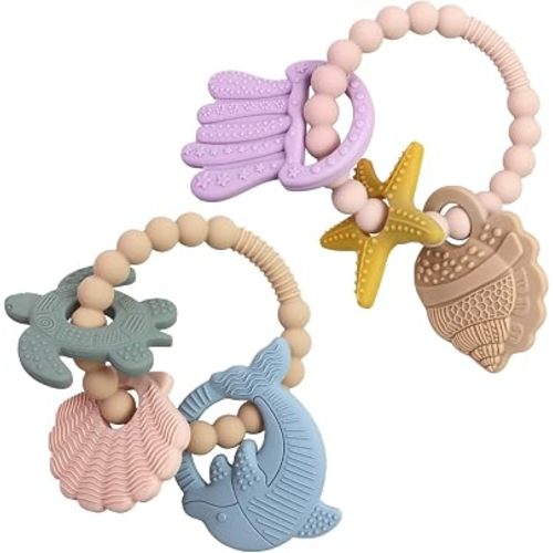 2 PCS Ocean Teething Ring Toys, Turtle Seashells Silicone Baby Teether