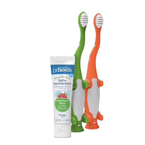 Dr. Brown's Baby and Toddler Toothbrush Set, Orange and Green Dinosaur, 2-Pack with Strawberry Flavor Toothpaste