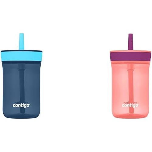 Contigo Kids 14oz Spill-Proof Tumblers with Straw, Blueberry/Blue Raspberry and Coral/Grape