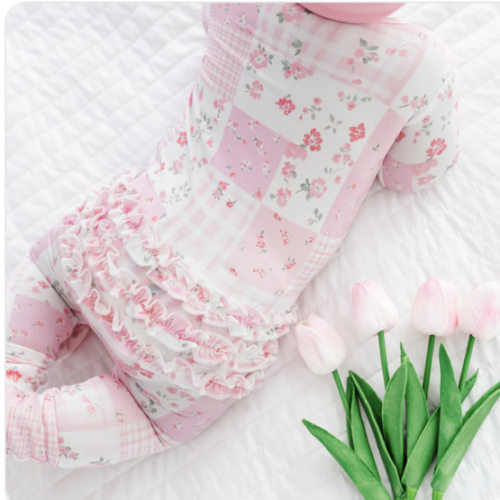 Pink Patchwork Ruffle Convertible Romper | Bamboo Baby Romper – Birdie Bean