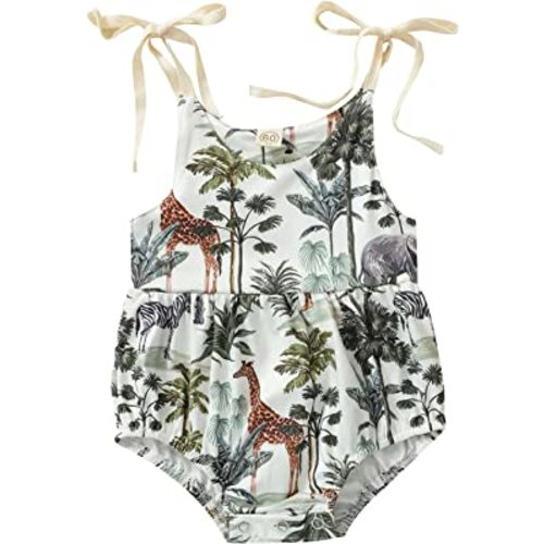 Newborn Baby Girl Sleeveless Romper Kids Spaghetti Strap Onesies Forest Printed One Piece Jumpsuit Summer Overall Clothes(Forest Animal, 3-6 Months)