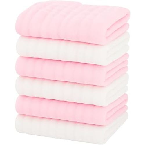 Muslin Baby Washcloths – 6 Pack Organic Cotton Face Towels for Newborns – Pink & White – Soft, Reusable & Ultra Absorbent – Gentle for Sensitive Skin – Baby Girl & Unisex Gift Set – 10x10