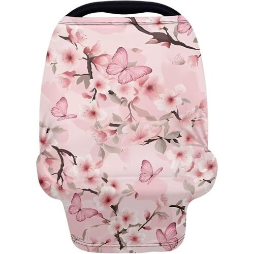 Butterfly Nursing Cover Cherry Blossom Carseat Covers Baby Car Seat Cover for Girls,Stretchy Car Seat Canopy Multiuse Nursing Covers, Pink