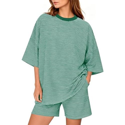 MSBESYOR Women 2 Piece Striped Lounge Set Short Sleeve Oversized T-Shirt Pjs Shorts Casual Matching Pajamas Set