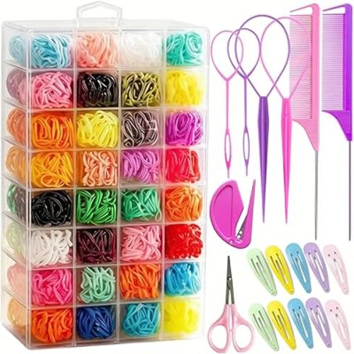 Aigee Small Hair Rubber Bands, 2000 Pcs in 32 Colors with 18 Styling Tools,including rat tail comb, topsy tail tools, snap clips, and elastic cutter, Mini Elastic Hair Ties for Baby,Toddlers, Kids