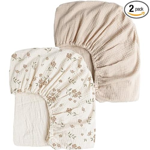 Konssy 2 Pack Muslin Crib Sheets for Standard Crib Mattress, 52" x 28" | 100% Cotton, Soft & Breathable, 360° Elastic Snug Fit, Solid & Printed Designs for Baby Girls & Boys (Blossom,Cream)