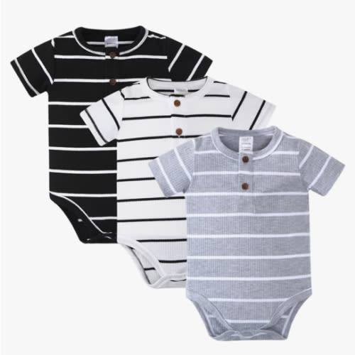 ROMPERINBOX Newborn Onsies Boy 3 Pack Rib Knit Baby Bodysuit Solid Color Striped Short Sleeve Summer Baby Clothes