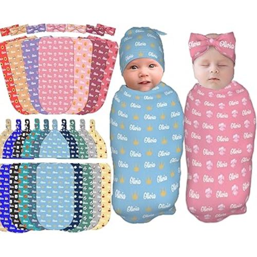 Personalized Baby Swaddle and Hat for Baby Girl Boy with Name Personalized Custom Baby Blankets for Girls Boys with Name Personalized Baby Items Girl Boy Gifts