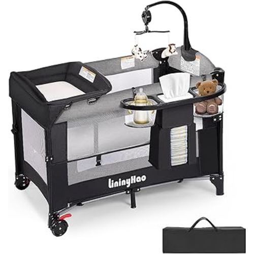 LININYHAO 4 in 1 Height Adjustable Baby Playard, Foldable Nursery Center with Music Box Toy Rack, Side Storage, Changing Table, Large Portable Playpen for Newborns and Toddlers（Gray）