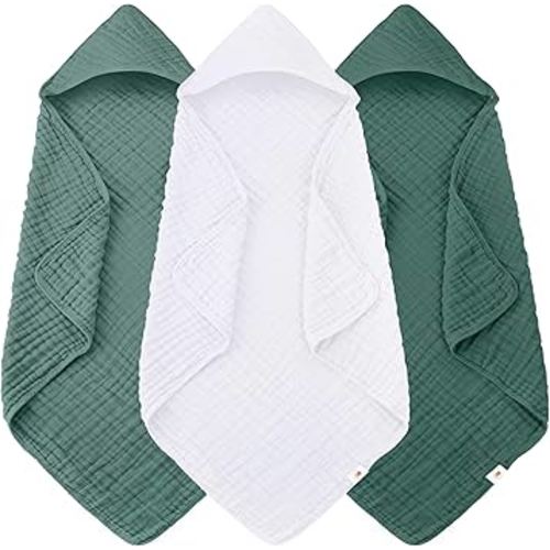 Sunny zzzZZ Muslin Hooded Baby Bath Towels - 3 Pack 100% Cotton Soft Low-Saturation Pastel Towels Including Classic White for Newborns, Infants, Toddlers - 32x32 Inch - Deep Emerald and White