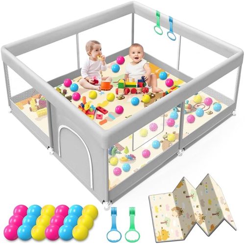 Baby Playpen with Mat, 50x50 Inch Playpen with Mat Waterproof for Babies and Toddlers Play Pen Playards Safety Gate Fence Active Center Indoor