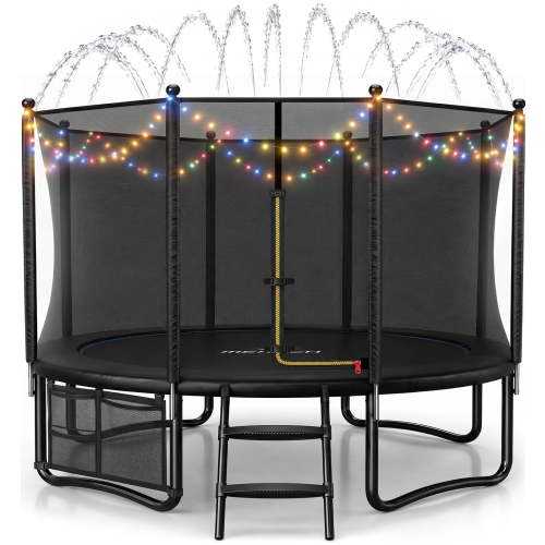 MERACH 10FT Trampoline with Enclosure for Backyard, Heavy Duty Outdoor Trampoline with Ladder, Lights & Sprinkler for Kids & Adults