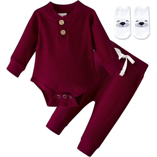 keaiyouhuo Newborn Baby Boy Girl Clothes Ribbed Knitted Cotton Long Sleeve Romper Long Pants Solid Color Fall Winter Outfits