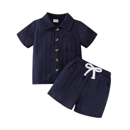 Toddler Boy Clothes Ribbed Button Shirt Shorts Summer Outfits 1-5T | Soft Breathable Ribbed Shirt And Shorts Set Delivering All-Day Comfort, Playful Style, Family Outings, Machine Washable