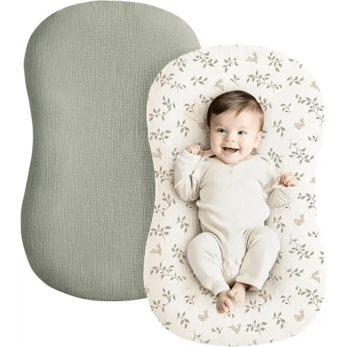 Konssy Muslin Baby Lounger Cover 2 Pack, 100% Cotton Newborn Lounger Cover, Soft and Breathable Lounger Slipcover for Boys Girls, Covers Only (Rabbit,Fog Green)