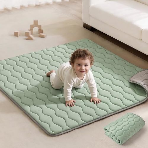 Blissful Diary Portable Baby Play Mats for Floor, 43" X 43" Thicker Cushioned Foldable Baby Crawling Mat for Indoor Outdoor, Non-Slip & Washable Kids Playmat for Tummy Time Activity, Sage Green