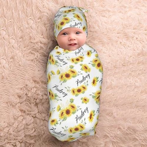 Personalized Sunflower Baby Swaddle Blanket & Hat Set-Swaddle Sack for 0-6 Months Baby Boy Girl-Newborn Infant Birth Shower Party Gifts