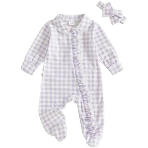 Seyurigaoka Newborn Baby Girl Ruffle Gingham Footless Romper