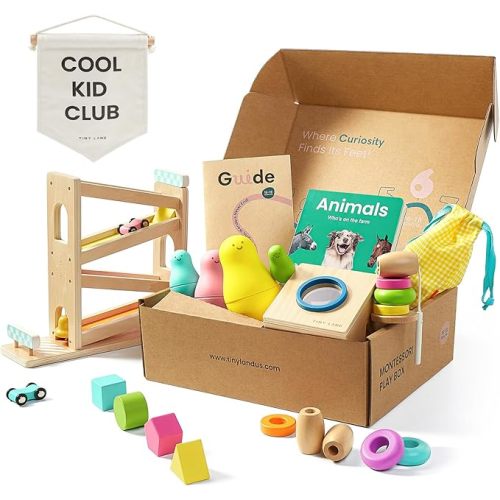 Tiny Land Montessori Toy Set for Baby 16-18 Months Adventure Play Kit - 7-in-1 Ramp Race Track, Shape Sorting and Color Matching Box, Lacing Beads Set, Silicone Nesting Dolls, Animals Board Book