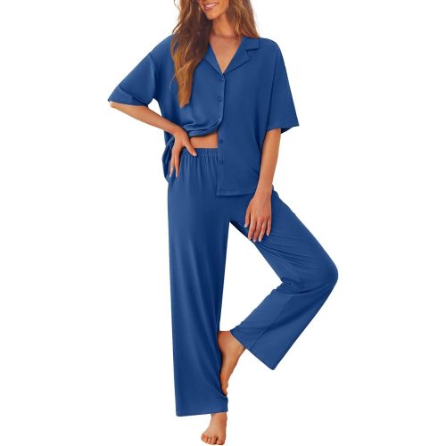 Women Pajamas Set Button Down Sleepwear Short Sleeve Pjs Soft Comfy Nightwear with Long Pants S-XXL