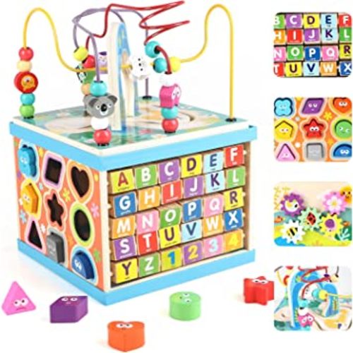Qilay Wooden Activity Cube for Toddlers 1-3, 5 in 1 Multipurpose ABC-123 Abacus Early Educational Montessori Toys, Learning Toys for 1 2 3 Year Old | Bead Maze, Great for Boys Girls Toddlers