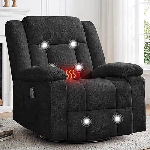 Rocker Recliner Chair for Adults, 360° Swivel Rocker Recliner with Massage and Heating, Nursery Rocking Chairs with Side Pockets, Manual Reclining Chair for Living Room, Bedroom or Nursery