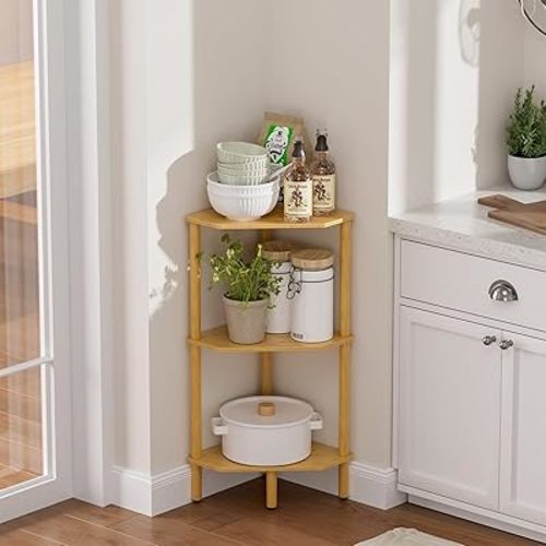 3 Tier Bamboo Corner Shelf, Storage Stand with Adjustable Feet, Small Space Corner Bookcase, Outdoor Plant Stand, Space-Saving Organizer for Bathroom Kitchen Living Room