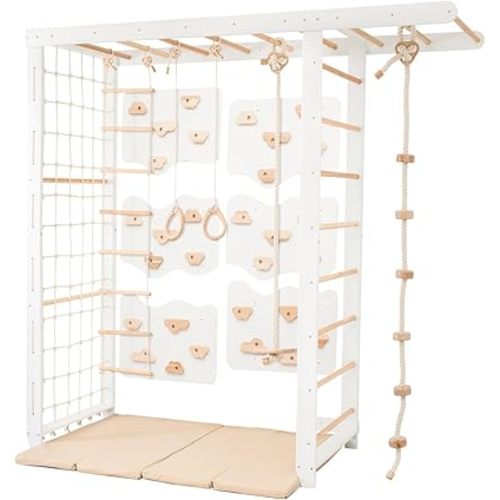 Woodandhearts Swedish Ladder Indoor Kids Gym, Montessori Play Gym Climbing Set, Wooden Indoor Playground for Toddlers with Accessories (with 6 Wall Panels, Big Bridge)