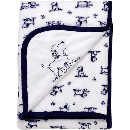 2-Ply Reversible Luxury Baby Blanket with Puppy Embroidery, Blue and White Little Me Puppy Toile Print (30 inch x 40 inch)