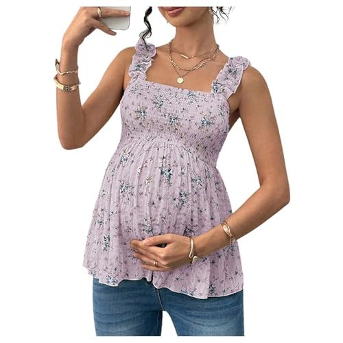 SweatyRocks Women's Maternity Tank Tops Floral Babydoll Blouse Shirts Top | Shirred Ruffle Going Out Top, Summer Maternity Clothes