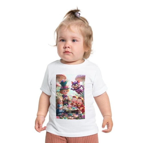 Mad Hatter Tea Party Baby T-Shirt | Whimsical Cheshire Cat Alice Illustration wonderland