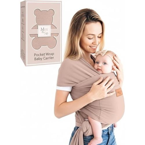 Baby Wrap Carrier - Premium Cotton Baby Carrier Wrap for Newborn to Toddler- Infant Carrier- Baby Holder One Size Fits All with Front Pocket(Beige) by Max&so