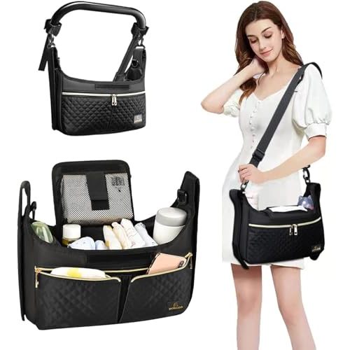 Universal Stroller Organizer Bag, Black Quilted Design with 2 Insulated Bottle Pockets, Multiple Storage Compartments, Tissue Holder, 6 x 4 x 2.5 Inches