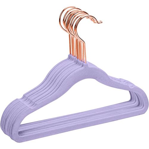 MIZGI Premium Kids Velvet Hangers (Pack of 50) with Copper/Rose Gold Hooks,Space Saving Ultra Thin,Non Slip Baby Hangers for Children's Skirt Dress Pants,Clothes Hangers(Light Purple)