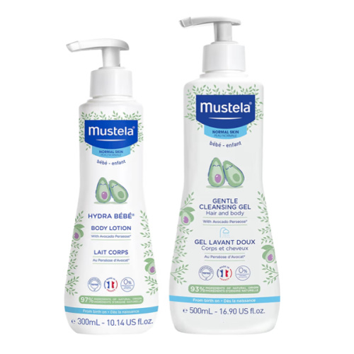 Mustela Baby Bath Time Gift Set - Baby Skin Care Essentials with Natural Avocado - Contains Hydra Bebe Body Lotion 10.14 fl. oz. & Gentle Cleansing Gel 16.9 fl. oz. - 2 Items Set