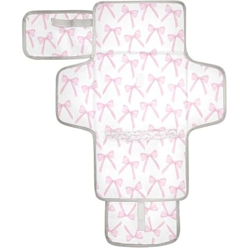 Portable Diaper Changing Pad Foldable Baby Changing Mat with Built-in Pillow Waterproof Changing Pad for Newborn Girls Boys Pinkbows