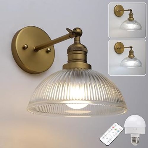 Pathson Battery Operated Wireless Wall Sconce, Rechargeable Modern Wall Vanity Light, Striped Glass Bowl Lampshade, Remote Dimmable Wall Lighting Indoor Led Wall Lamp Fixture for Bedroom Living Room