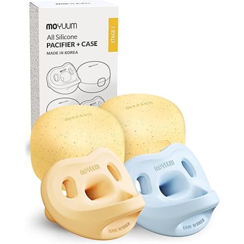 Moyuum Silicone Macaron Pacifier | Made in Korea, BPA Free One-Piece Design Baby Soother, Soft Orthodontic Shape with Air Holes, 2 Pack with Travel Case, Newborn 0-3 Months (Mango+Blue, Stage 1)
