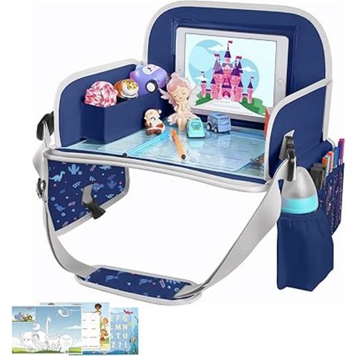 MENZOKE Kids Travel Tray for Toddler Car Seat, Toddler Gift for Boy Activities with Dry Erase Board & iPad Holder Stand, Road Trip Essentials Accessories Lap Tray for Boy as Birthday Gift, Dark Blue