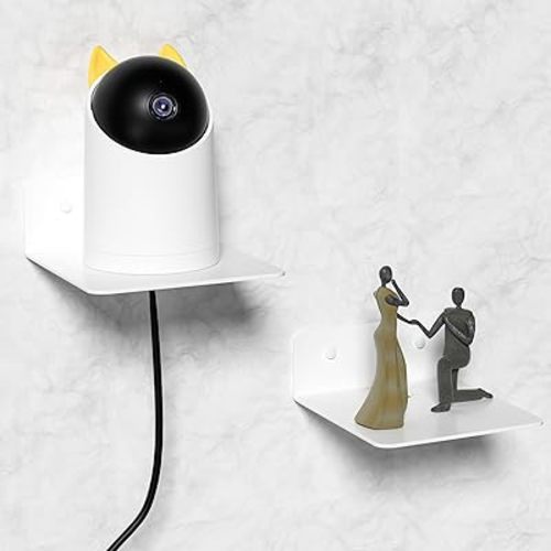 Wisfame Small Piano White Shelves for Wall, 4.92″ Metal Floating Shelves for Echo, Cameras, Small Speaker, Adhesive Display Ledges, No Drilling Wall Shelves for Bathroom, Living Room, Bedroom, 2 Pack