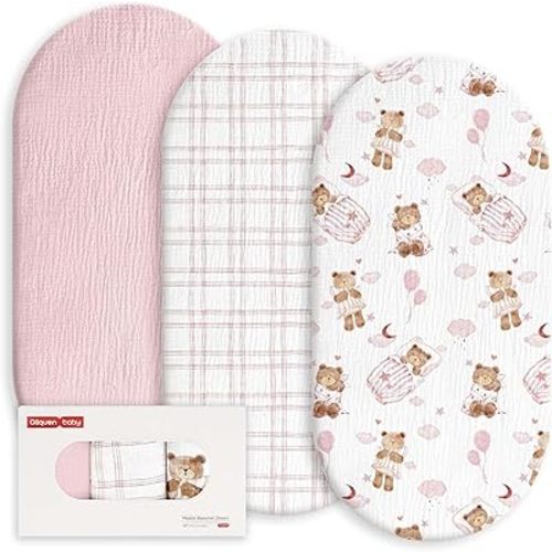Gllquen Baby Muslin Bassinet Sheets 3 Pack, Breathable Elastic Cozy Fitted Cotton Bassinet Mattress Sheet for Baby Boy Girls, Fit for Hourglass Oval Rectangular Cradle Pad Sheets 33"x17" (Bear Dream)