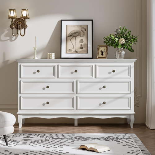 White 7 Drawer Dresser, Modern Wooden Chest of Drawers with Solid Wood Legs & Painted Finish, Stylish Chest of Drawers Organizer, for Living Room, Hallway, Bedroom