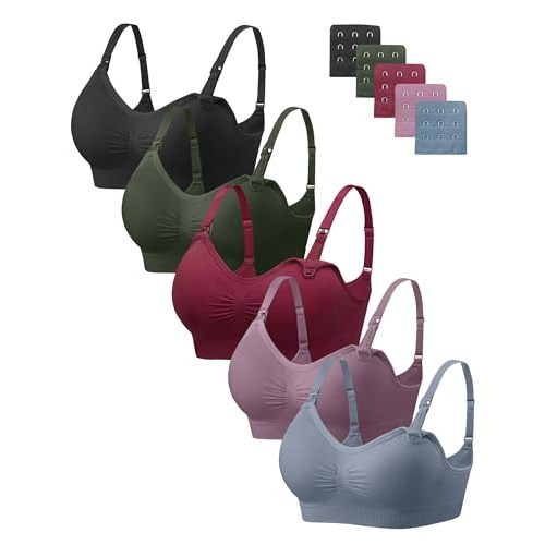 Angelhood Nursing Bra 5 Pack Womens Maternity Breastfeeding Seamless Wireless Sleep Bra with Extenders