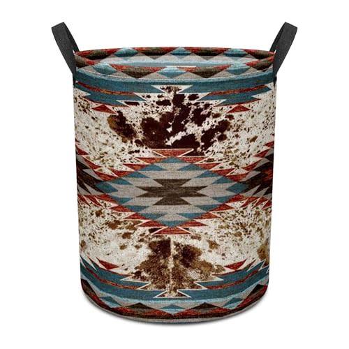Western Aztec Cow Print Baby Laundry Hamper,Laundry Basket,Waterproof Storage Bin for Bedroom,Clothes Organizer Basket,Toys Box,Room Decor
