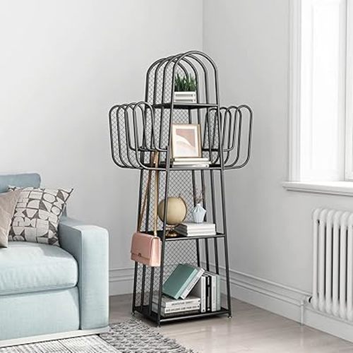 DOORXIF 4-Tier Industrial Bookshelf Freestanding, Cactus Bookcase Storage Organizer Closet Corner Metal Display Cabinet, Corner Black Bookshelf for Small Spaces, Industrial Bookcase for Bedroom Office