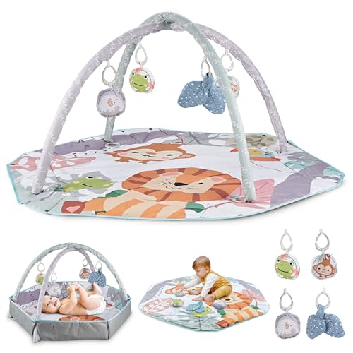 Henry & Colin Baby Activity Play Gym Mat with Hanging Toys, Soft Padded Mat, Sensory Development Play Area for Newborns and Infants, Convertible Play Center for Tummy Time and Fun Learning (Blue)